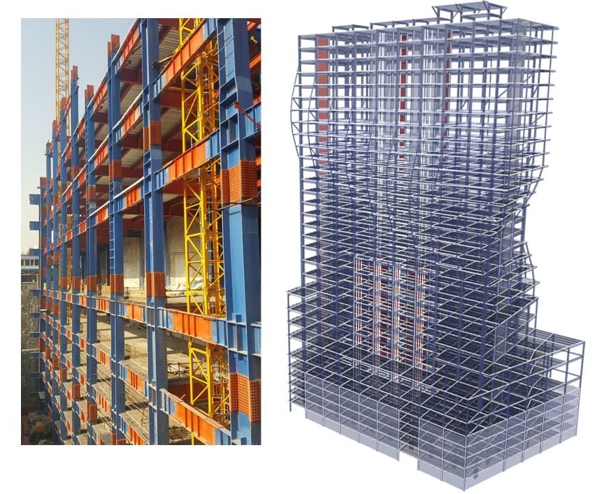 Steel framing and analysis model of a high-rise building